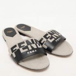 Fendi Grey/Black Canvas and Leather FF Flat Slide Size 40