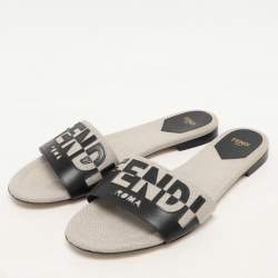 Fendi Grey/Black Canvas and Leather FF Flat Slide Size 40