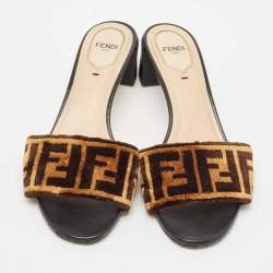 Fendi Brown Zucca Velvet Open Toe Slide Sandals Size 39