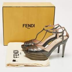 Pre Owned Fendi Metallic Dark Grey Leather Platform T-Strap Sandals Size 39