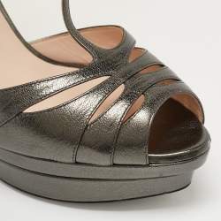Pre Owned Fendi Metallic Dark Grey Leather Platform T-Strap Sandals Size 39