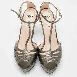 Pre Owned Fendi Metallic Dark Grey Leather Platform T-Strap Sandals Size 39