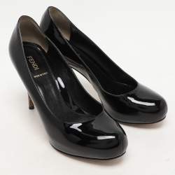Pre Owned Fendi Black Patent Leather FF Logo Print Heel Pumps Size 37