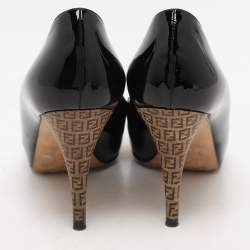 Pre Owned Fendi Black Patent Leather FF Logo Print Heel Pumps Size 37