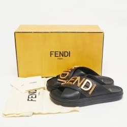 مملوكة مسبقًا Fendi Black Leather Fendigraphy Flat Slides Size 37
