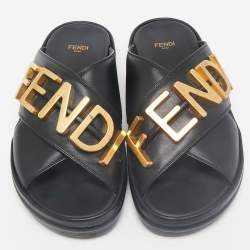 مملوكة مسبقًا Fendi Black Leather Fendigraphy Flat Slides Size 37