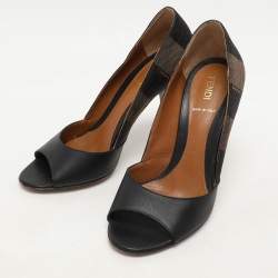 Fendi Black/Brown Leather and Striped Canvas Pequin Peep Toe Pumps Size 36 