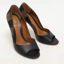 Fendi Black/Brown Leather and Striped Canvas Pequin Peep Toe Pumps Size 36 