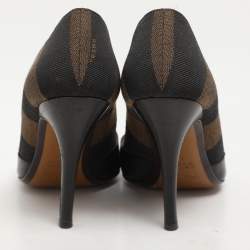Fendi Black/Brown Leather and Striped Canvas Pequin Peep Toe Pumps Size 36 