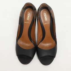 Fendi Black/Brown Leather and Striped Canvas Pequin Peep Toe Pumps Size 36 