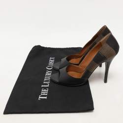 Fendi Black/Brown Leather and Striped Canvas Pequin Peep Toe Pumps Size 36 