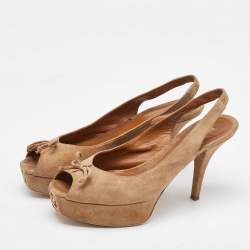 Fendi Beige Suede Fendista Bow Peep Toe Slingback Platform Pumps Size 41