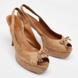 Fendi Beige Suede Fendista Bow Peep Toe Slingback Platform Pumps Size 41