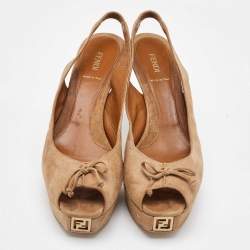 Fendi Beige Suede Fendista Bow Peep Toe Slingback Platform Pumps Size 41