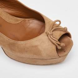 Fendi Beige Suede Fendista Bow Peep Toe Slingback Platform Pumps Size 41