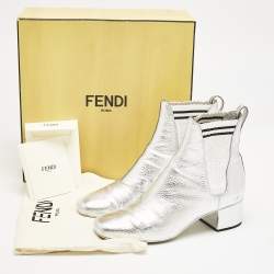 Fendi Silver/White Knit Fabric and Leather Sock Ankle Length Boots Size 38.5