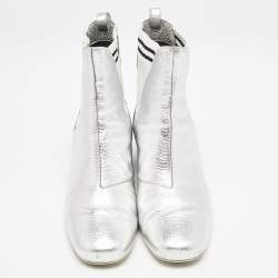 Fendi Silver/White Knit Fabric and Leather Sock Ankle Length Boots Size 38.5