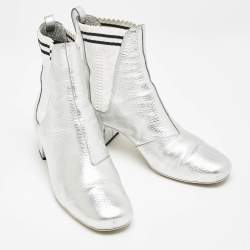 Fendi Silver/White Knit Fabric and Leather Sock Ankle Length Boots Size 38.5