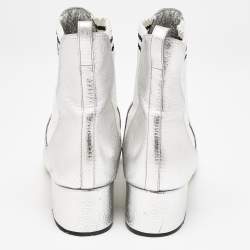 Fendi Silver/White Knit Fabric and Leather Sock Ankle Length Boots Size 38.5
