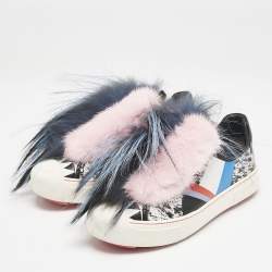 Fendi Multicolor Printed Leather Faux Fur Flynn Low-Top Sneakers Size 38