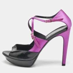 Fendi Black/Pink Patent Leather and Satin Ankle Strap Sandals Size 38