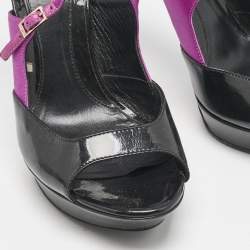 Fendi Black/Pink Patent Leather and Satin Ankle Strap Sandals Size 38