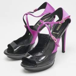 Fendi Black/Pink Patent Leather and Satin Ankle Strap Sandals Size 38