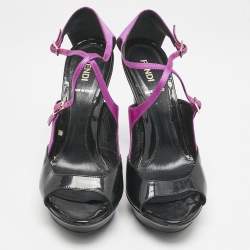 Fendi Black/Pink Patent Leather and Satin Ankle Strap Sandals Size 38