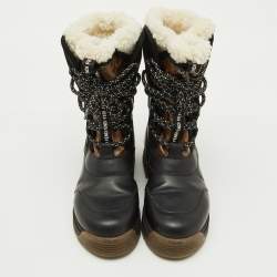 مملوكة مسبقًا Fendi Black/Tobacco Coated Canvas and Leather T-Rex Snow Boots Size 37