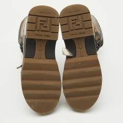 مملوكة مسبقًا Fendi Black/Tobacco Coated Canvas and Leather T-Rex Snow Boots Size 37