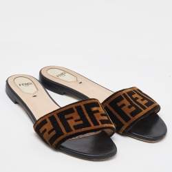 Fendi Brown Zucca Velvet Flat Slide Sandals Size 38.5