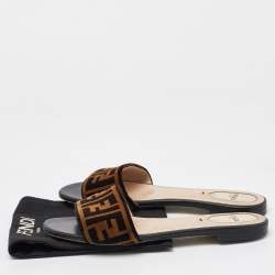 Fendi Brown Zucca Velvet Flat Slide Sandals Size 38.5