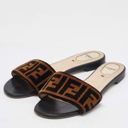 Fendi Brown Zucca Velvet Flat Slide Sandals Size 38.5