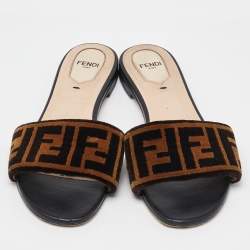 Fendi Brown Zucca Velvet Flat Slide Sandals Size 38.5