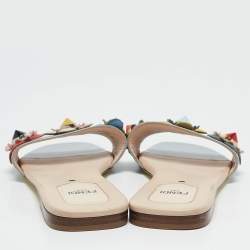 Fendi Multicolor Leather and Patent Flower Embellished Flat Sandals Size 38.5