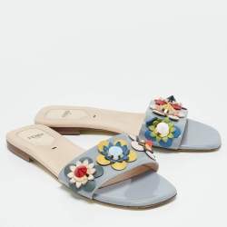 Fendi Multicolor Leather and Patent Flower Embellished Flat Sandals Size 38.5