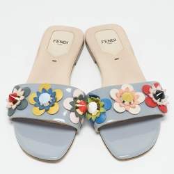 Fendi Multicolor Leather and Patent Flower Embellished Flat Sandals Size 38.5