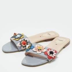 Fendi Multicolor Leather and Patent Flower Embellished Flat Sandals Size 38.5