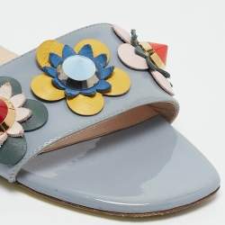 Fendi Multicolor Leather and Patent Flower Embellished Flat Sandals Size 38.5