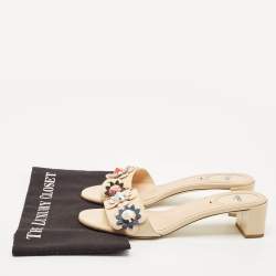 Fendi Cream Patent Leather Flower Embellished Slide Sandals Size 39