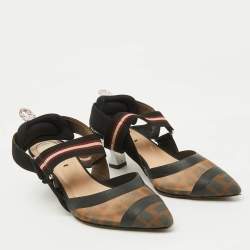 Fendi Brown/Black Zucca Mesh and Fabric Colibri Slingback Pumps Size 35