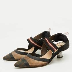 Fendi Brown/Black Zucca Mesh and Fabric Colibri Slingback Pumps Size 35