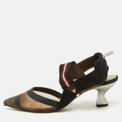 Fendi Brown/Black Zucca Mesh and Fabric Colibri Slingback Pumps Size 35