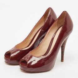 Pre Owned Fendi Burgundy Patent Leather Peep Toe Platform Pumps Size 35