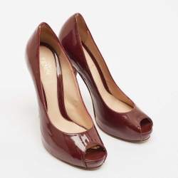 Pre Owned Fendi Burgundy Patent Leather Peep Toe Platform Pumps Size 35
