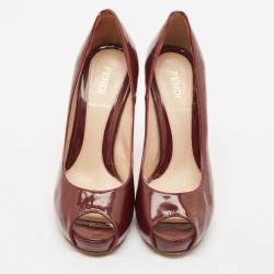 Pre Owned Fendi Burgundy Patent Leather Peep Toe Platform Pumps Size 35
