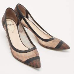 Pre Owned Fendi Brown/Black Zucca Mesh and Leather Colibri Pumps Size 38