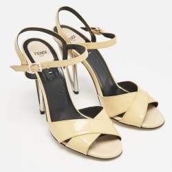 Fendi Beige Patent Leather Open Toe Ankle Strap Sandals Size 40