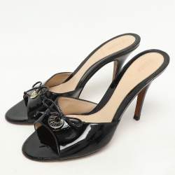 Fendi Black Patent Leather Logo Plaque Open Toe Sandals Size 39
