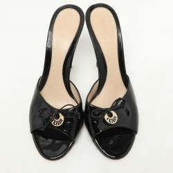 Fendi Black Patent Leather Logo Plaque Open Toe Sandals Size 39